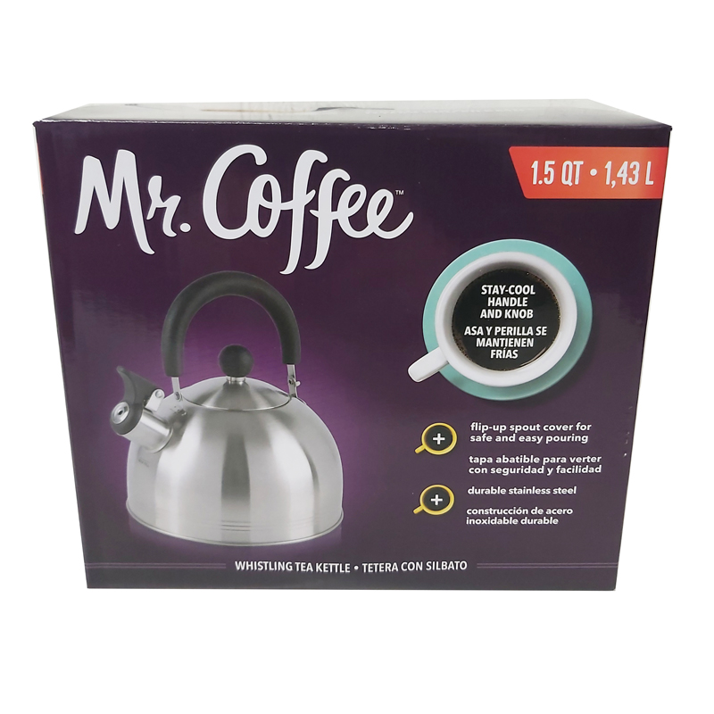 Mr. Coffee Carterton Stainless Steel Whistling Tea Kettle, 1.5-Quart,  Mirror Polish